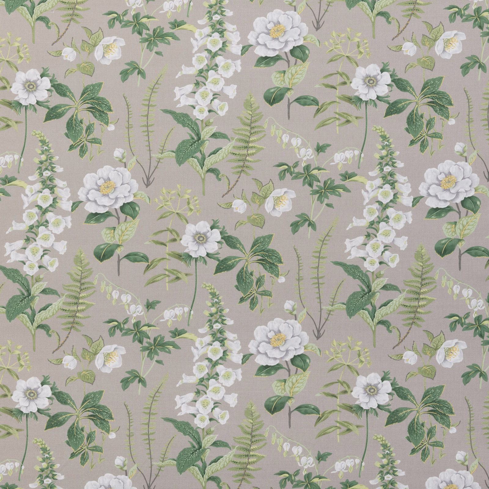Soft grey floral repeat with white layered blooms, green leaves and delicate fern fronds
