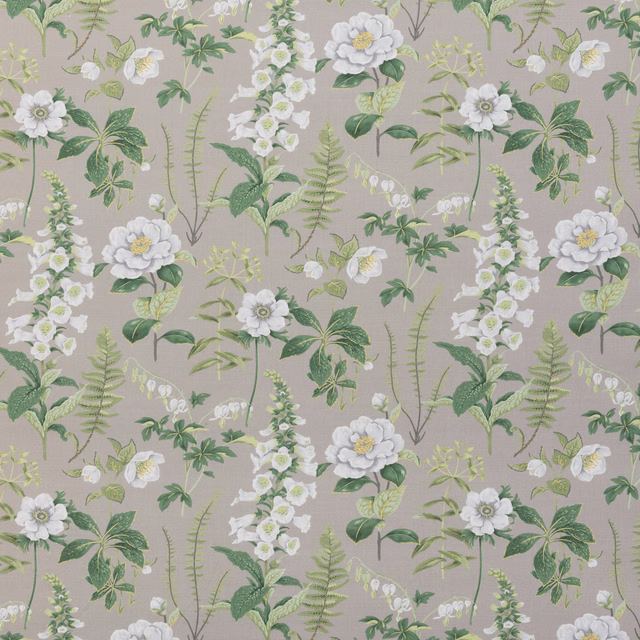 Soft grey floral repeat with white layered blooms, green leaves and delicate fern fronds