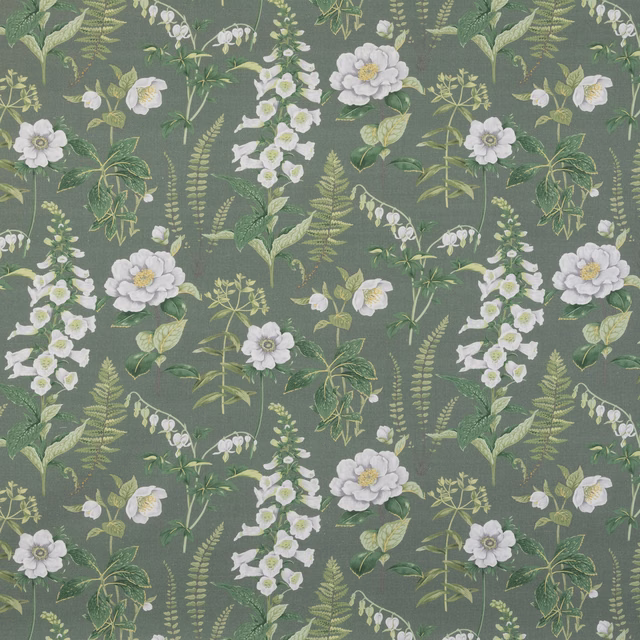 Muted khaki ground with white botanical flowers, fern fronds and trailing foliage
