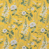 Mustard yellow botanical fabric with white flowers, green foliage and fine fern fronds