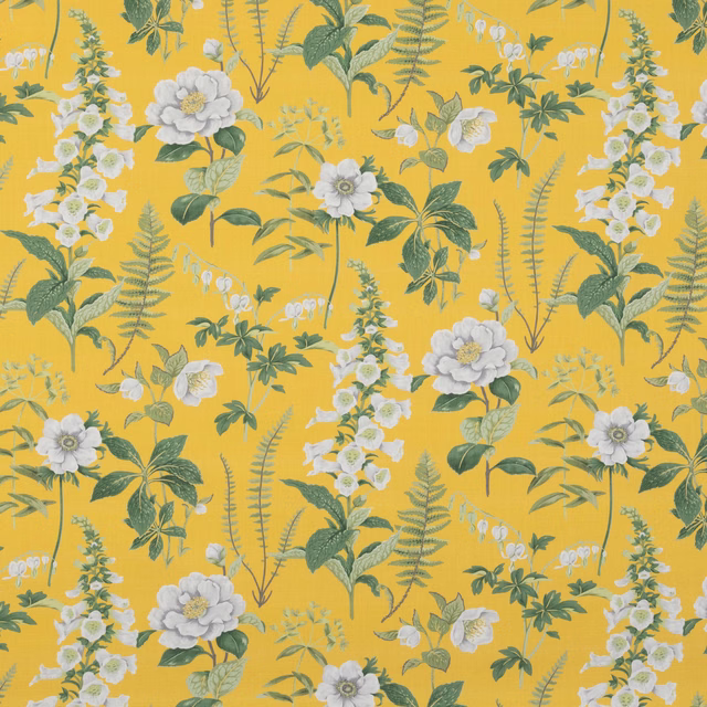 Mustard yellow botanical fabric with white flowers, green foliage and fine fern fronds