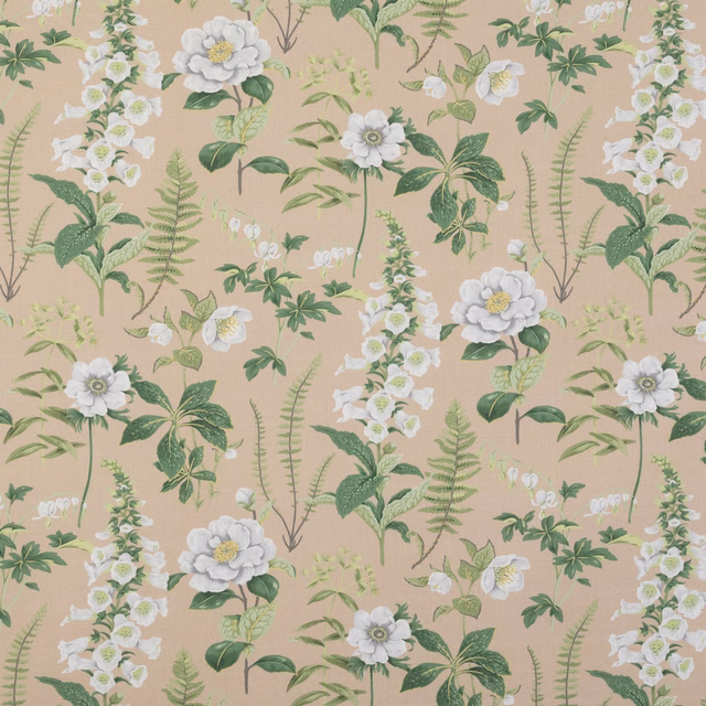 Warm sand botanical print with white flowers, sage foliage and delicate fern sprays