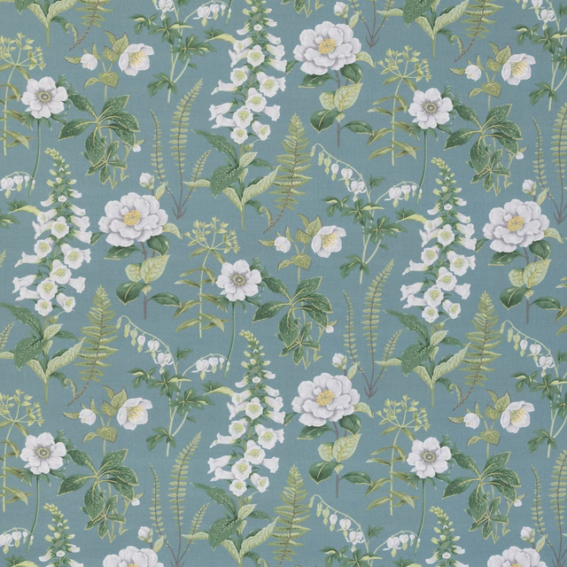 Muted teal floral fabric with white blossoms, sage leaves and delicate fern fronds