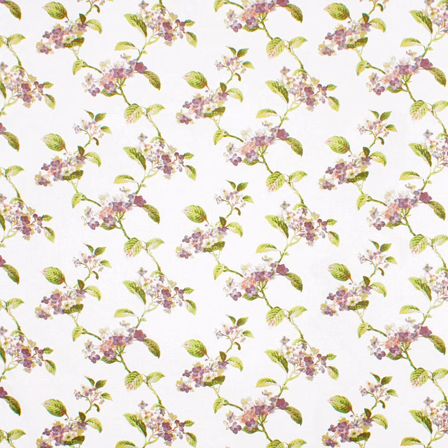 Ivory floral fabric with mauve blossom clusters and fresh green leaves