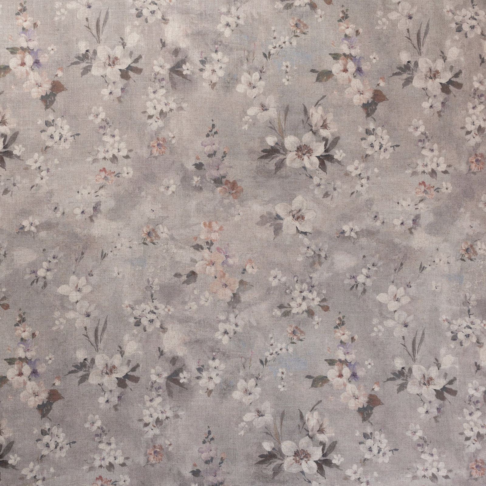Pale grey linen-look ground with ivory blossoms, charcoal leaves and damson-pink accents