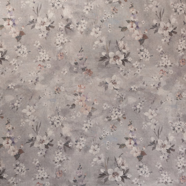 Pale grey linen-look ground with ivory blossoms, charcoal leaves and damson-pink accents