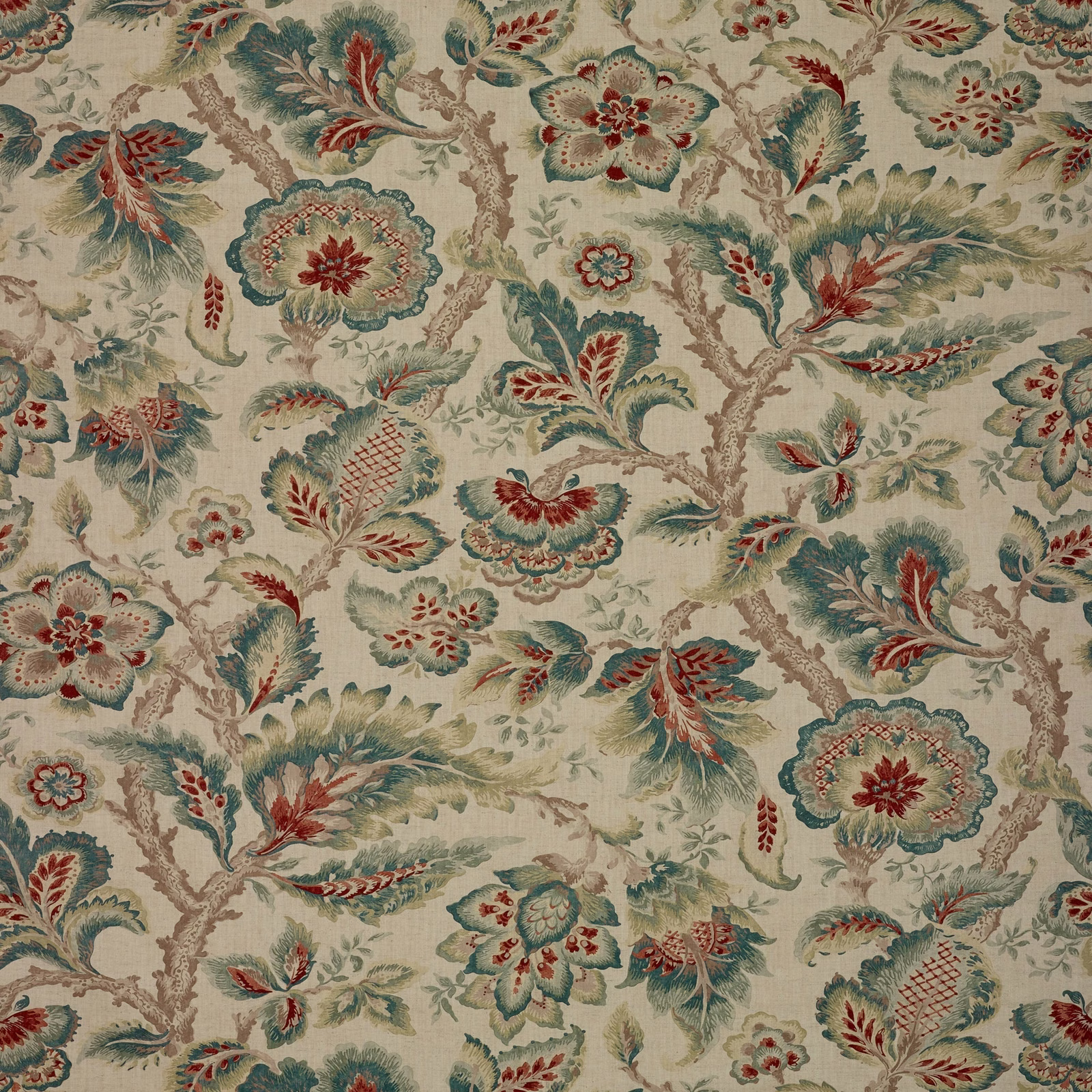 Muted sage floral swatch with terracotta blooms and cream scrolling foliage