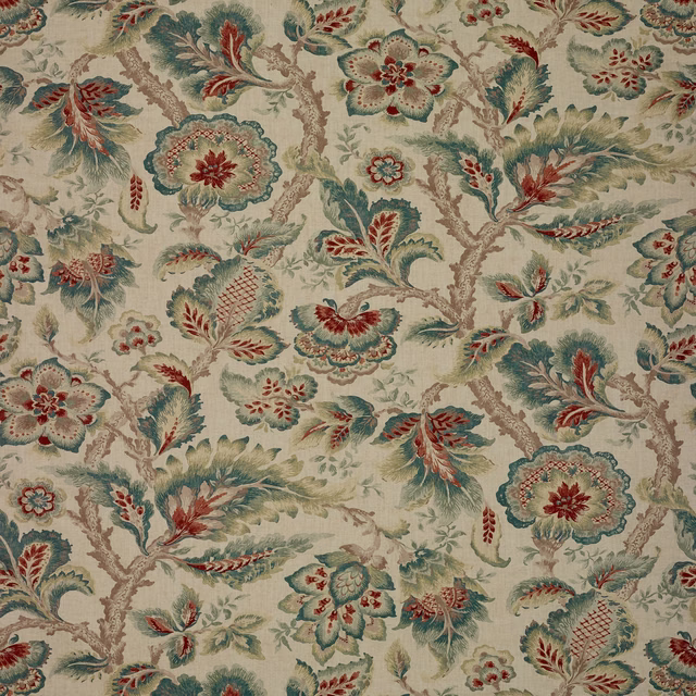Muted sage floral swatch with terracotta blooms and cream scrolling foliage