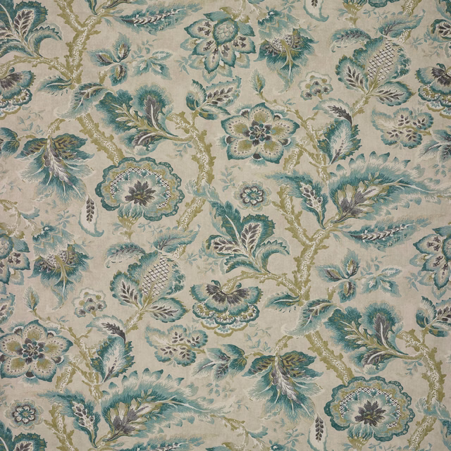 Pale aqua floral fabric with teal blossoms, sage scrolls and a lightly textured ground