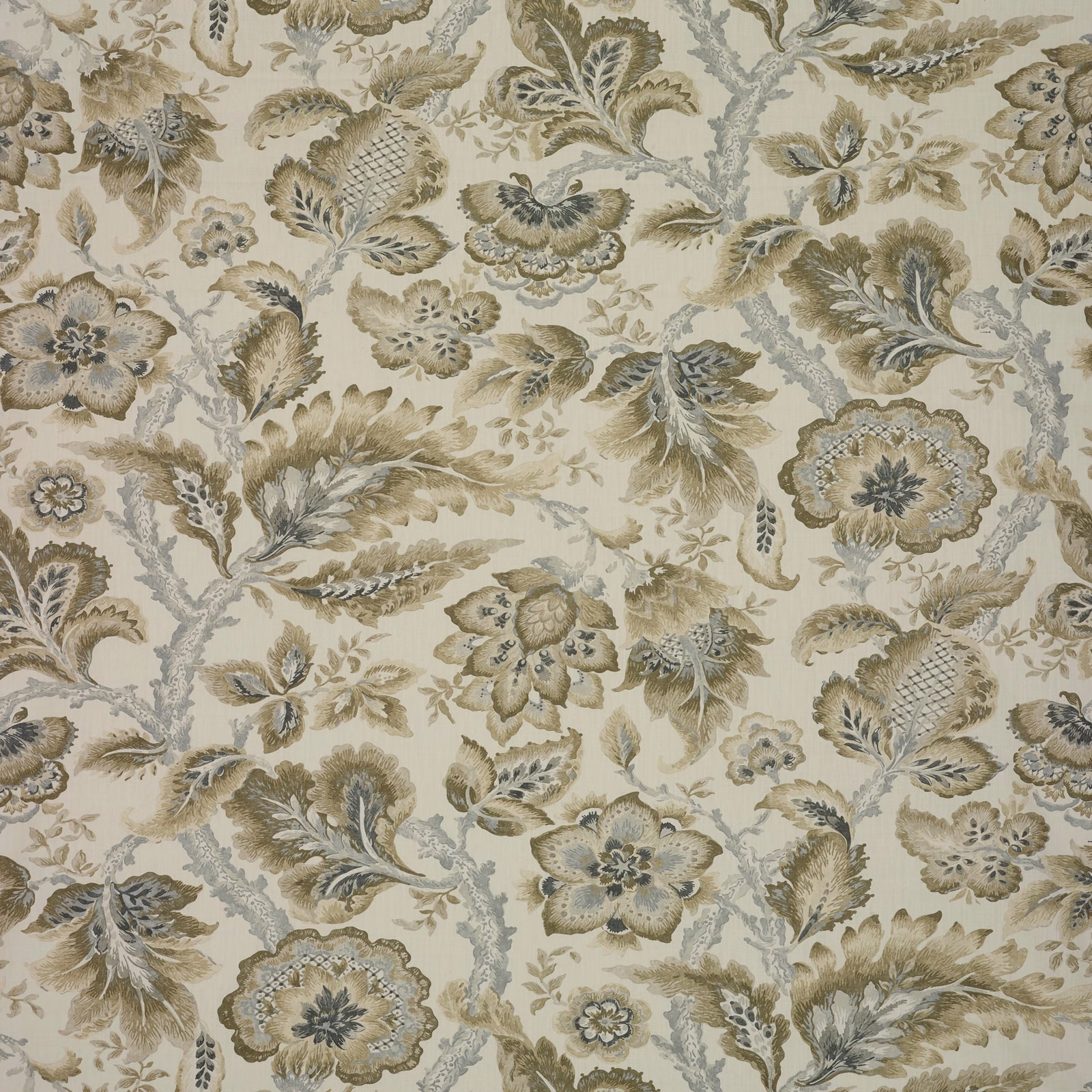 Cream floral fabric with taupe, sage and blue-grey scrolling botanical motifs