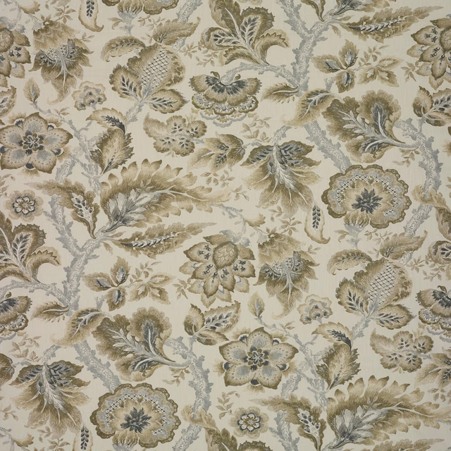 Cream floral fabric with taupe, sage and blue-grey scrolling botanical motifs