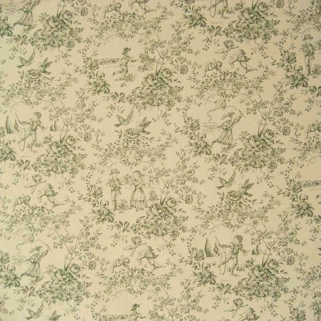 Sage-green pastoral toile with birds, figures and floral sprays on cream