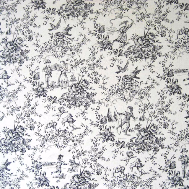 Ivory toile fabric with blue-grey pastoral figures, birds and clustered roses