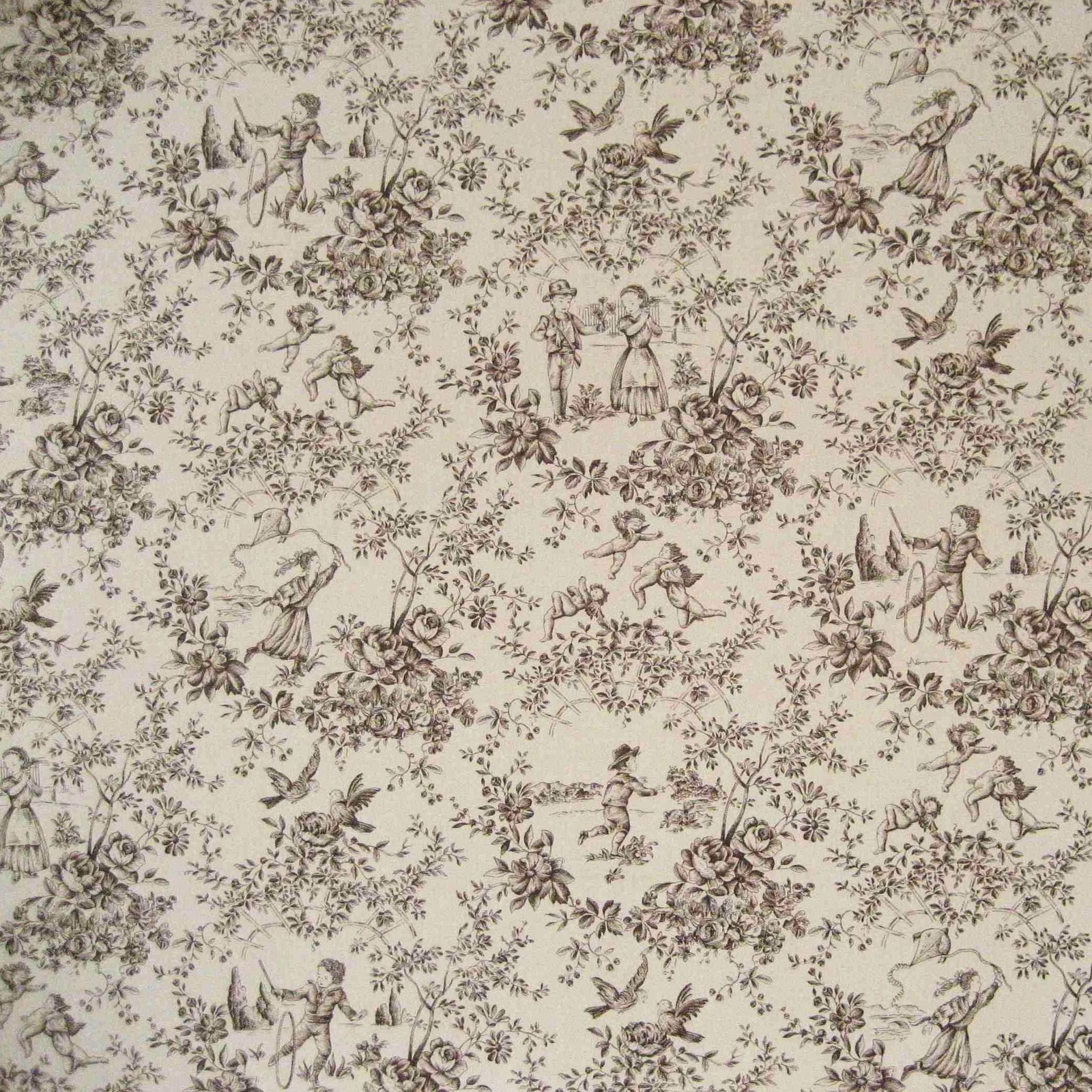 Warm cream toile print with taupe figures, birds and clustered floral bouquets