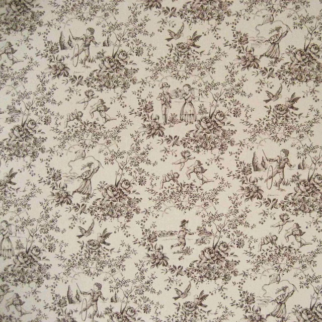 Warm cream toile print with taupe figures, birds and clustered floral bouquets