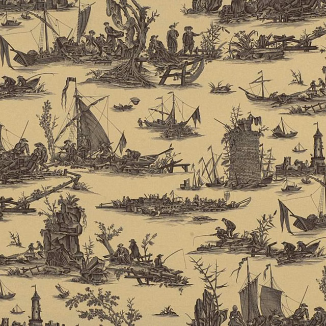 Parchment-beige maritime toile with charcoal boats, figures, reeds and a harbour tower
