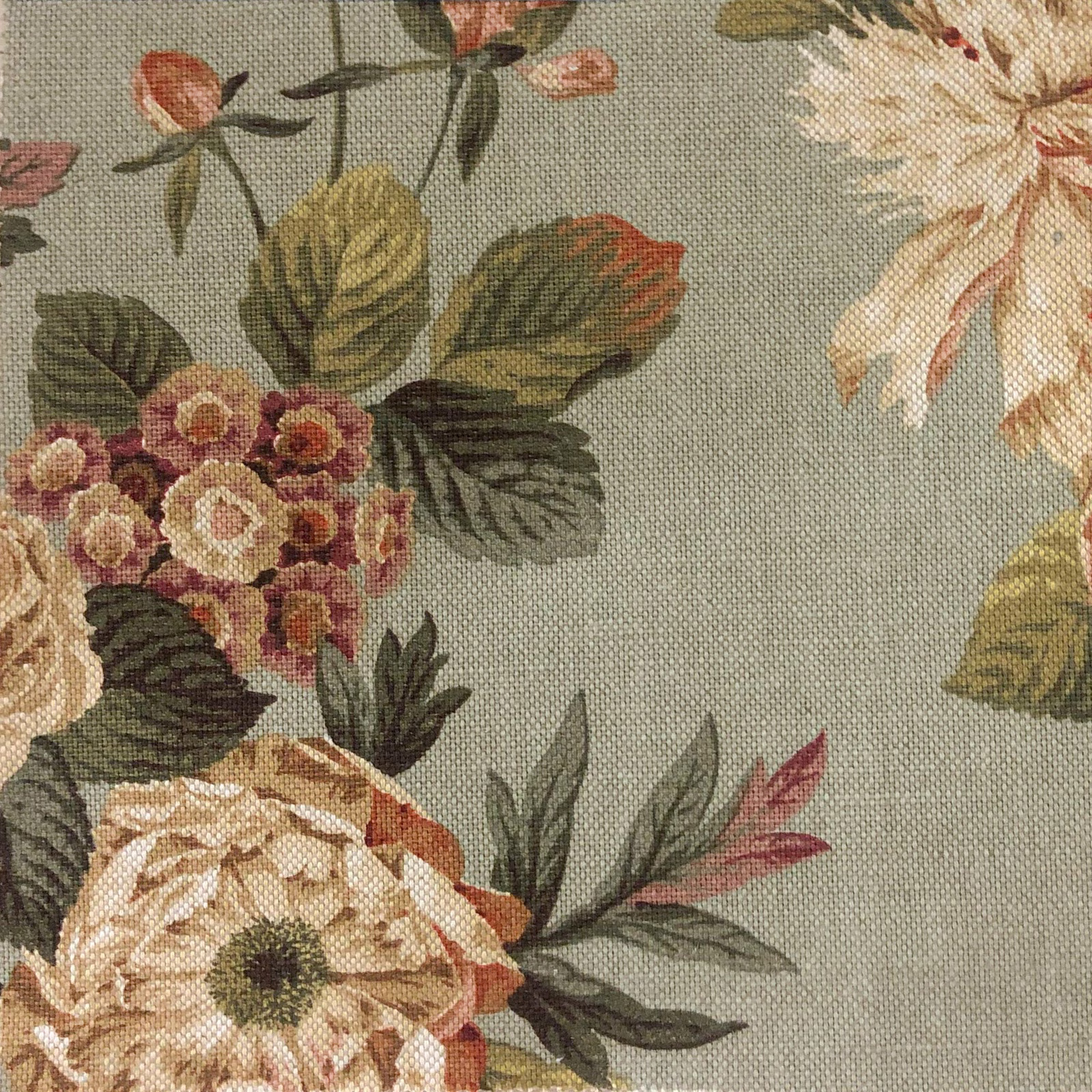 Muted sage floral fabric with cream, blush, rust and olive botanical blooms