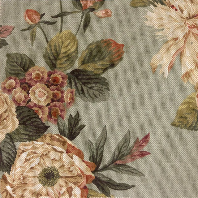 Muted sage floral fabric with cream, blush, rust and olive botanical blooms
