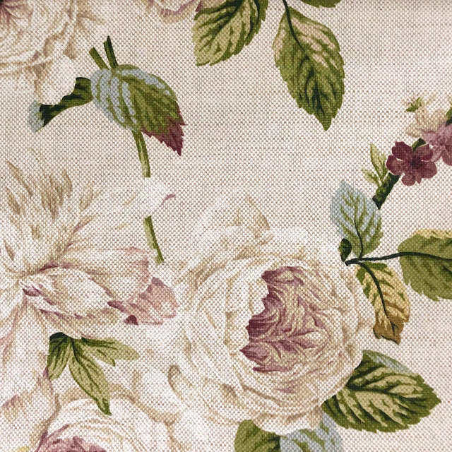 Cream woven ground with olive leaves and muted mauve floral blooms