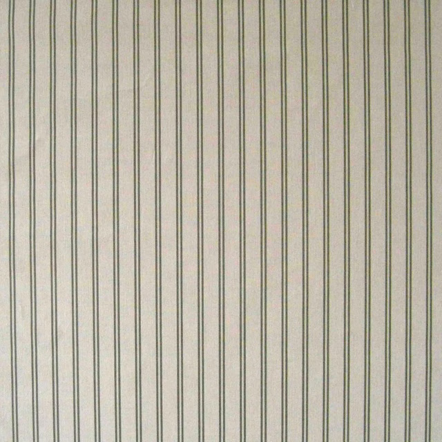Pale beige fabric with fine olive-grey vertical stripes and subtle woven texture