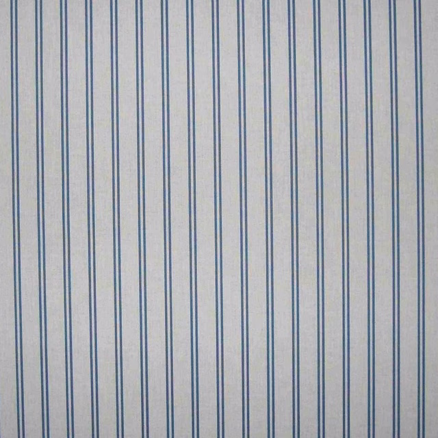Ivory fabric with closely spaced muted blue vertical stripes and subtle texture