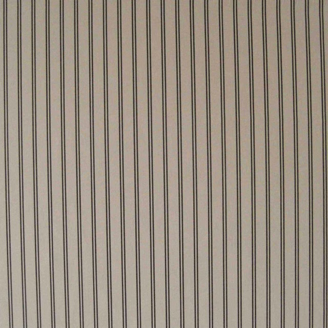 Warm taupe textile with closely spaced charcoal vertical pinstripes and smooth fine texture