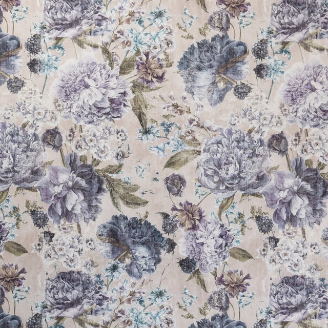 Blueberry and lilac floral blooms on a pale beige textured fabric ground