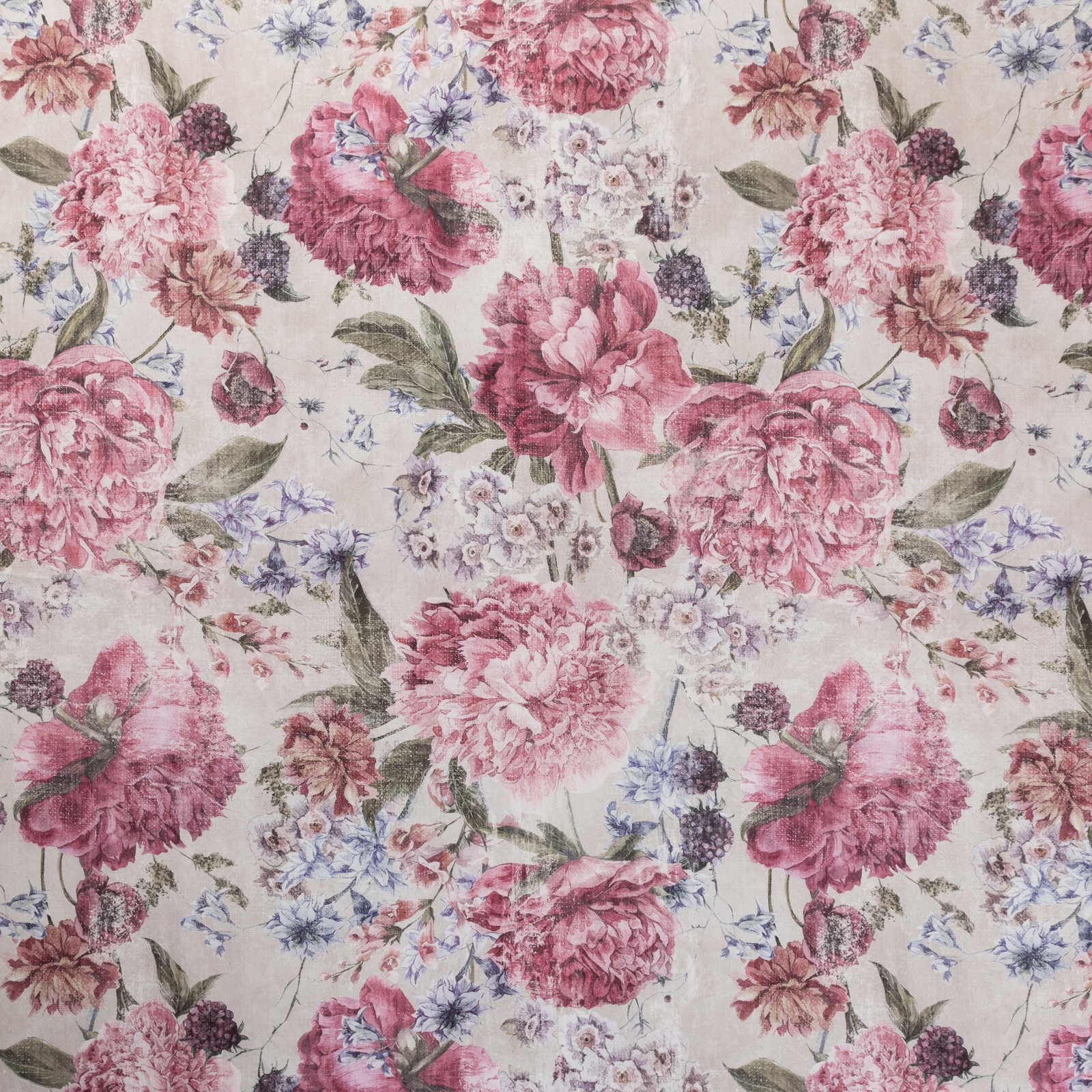 Warm ivory floral print with deep mulberry peonies, sage leaves and blue sprigs
