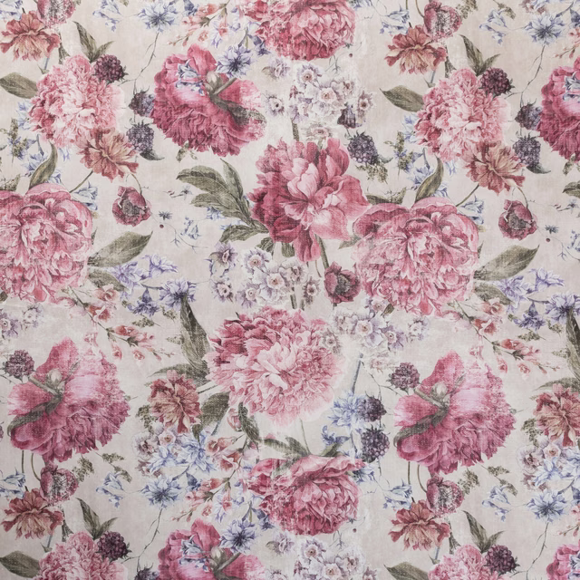 Warm ivory floral print with deep mulberry peonies, sage leaves and blue sprigs