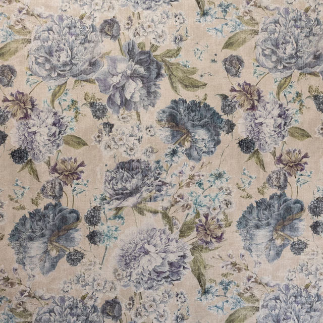 Blueberry-blue and lilac peonies with olive leaves on a warm beige ground