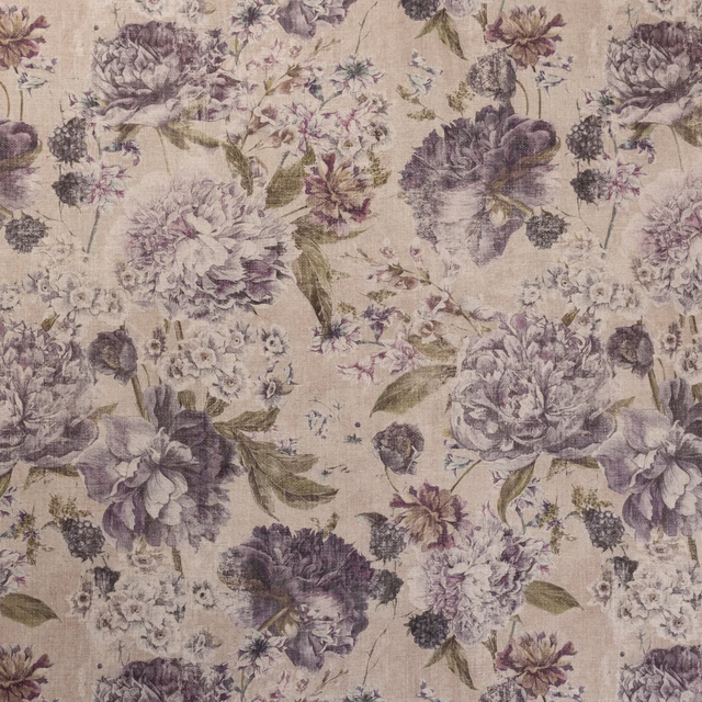 Warm beige floral fabric with damson peonies, dusty lilac blooms and olive leaves