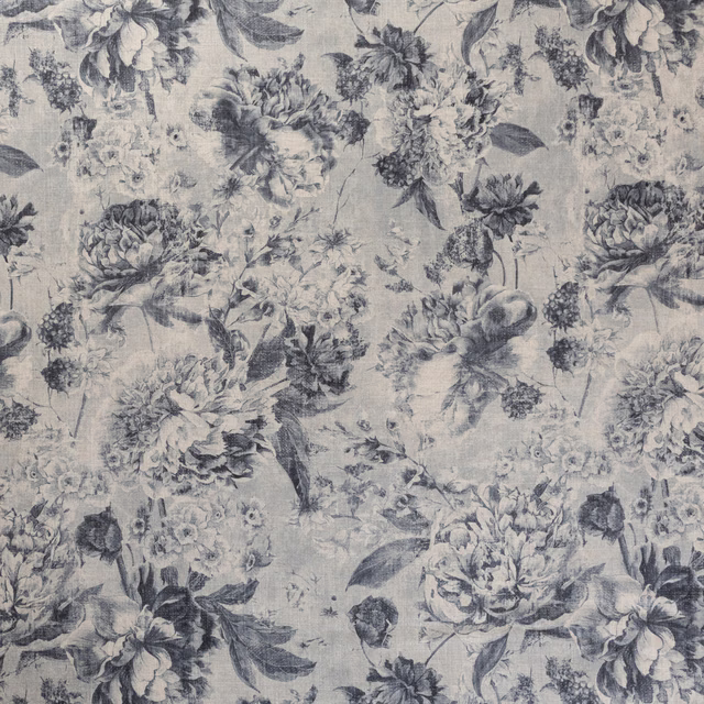 Blue-grey peonies and fine botanical sprigs across a softly textured pale ground