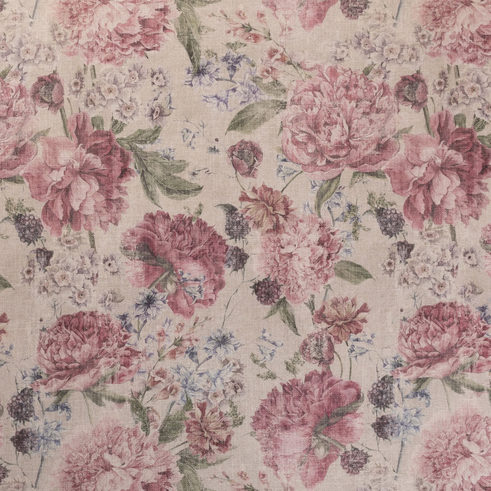 Cream ground with dusty mulberry peonies, pink blooms, green foliage and blue sprigs