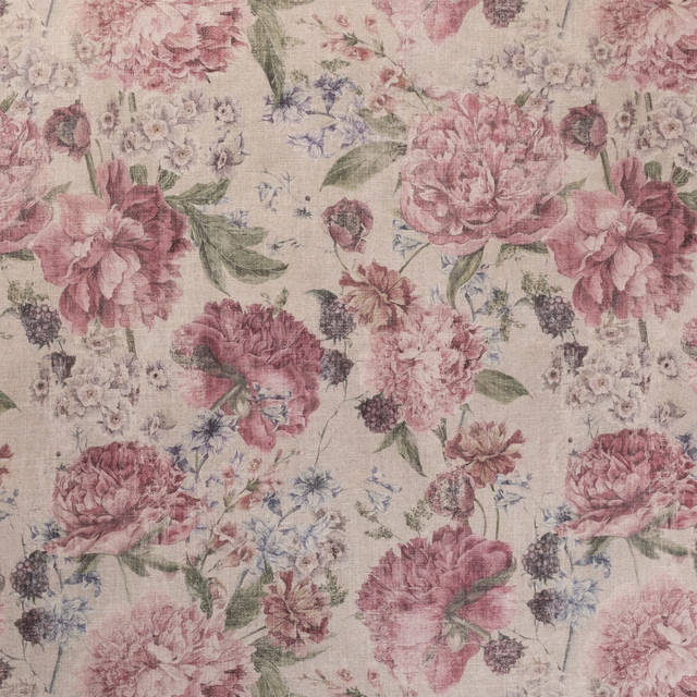Cream ground with dusty mulberry peonies, pink blooms, green foliage and blue sprigs