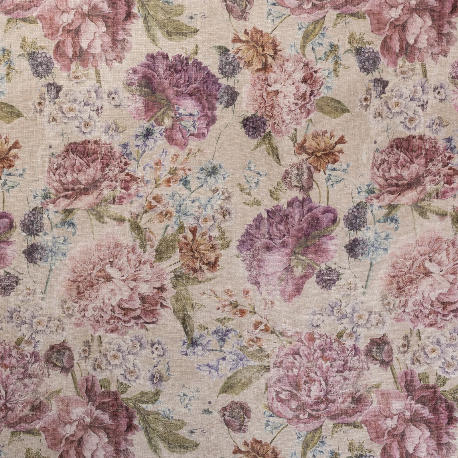 Warm beige floral fabric with plum peonies, dusty pink blooms and green leaves