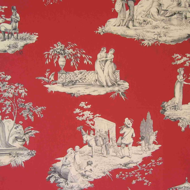 Deep crimson fabric with cream pastoral figures, urns, trees and garden vignettes
