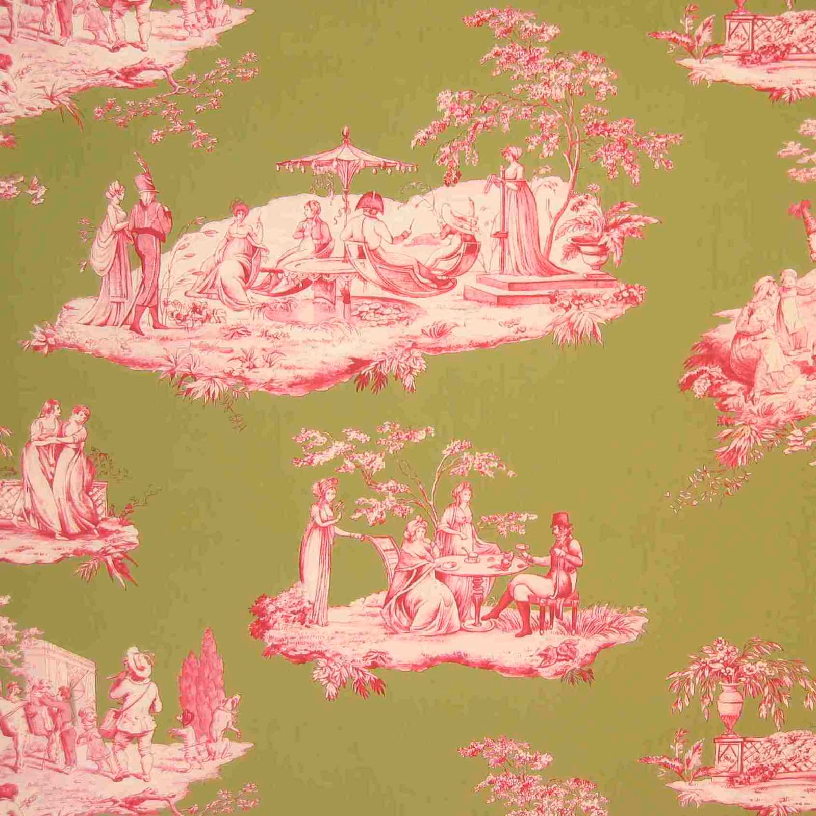 Olive fabric with pink pastoral scenes, parasols, figures, trees and urns