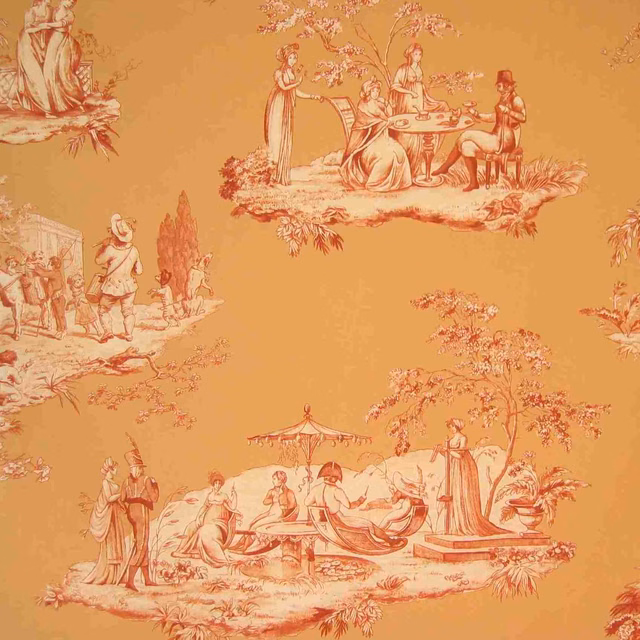 Warm ochre-orange fabric with red and ivory summer pastoral scenes