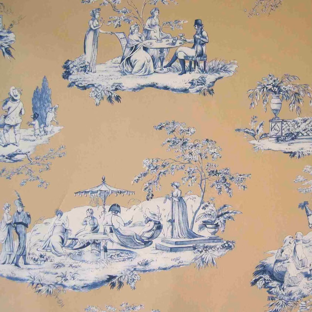 Warm ochre toile fabric with blue-grey garden scenes and elegant figures