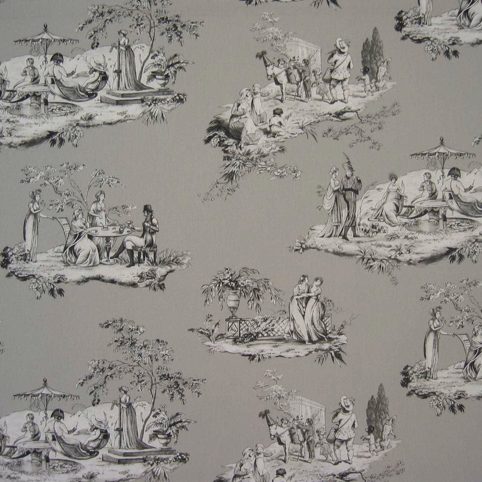 Taupe-grey toile with charcoal pastoral figures, parasols and garden scenes
