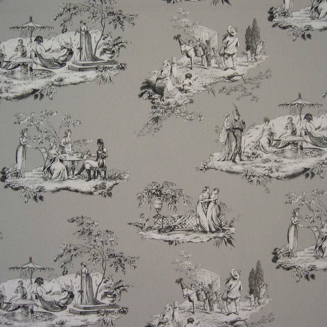 Taupe-grey toile with charcoal pastoral figures, parasols and garden scenes