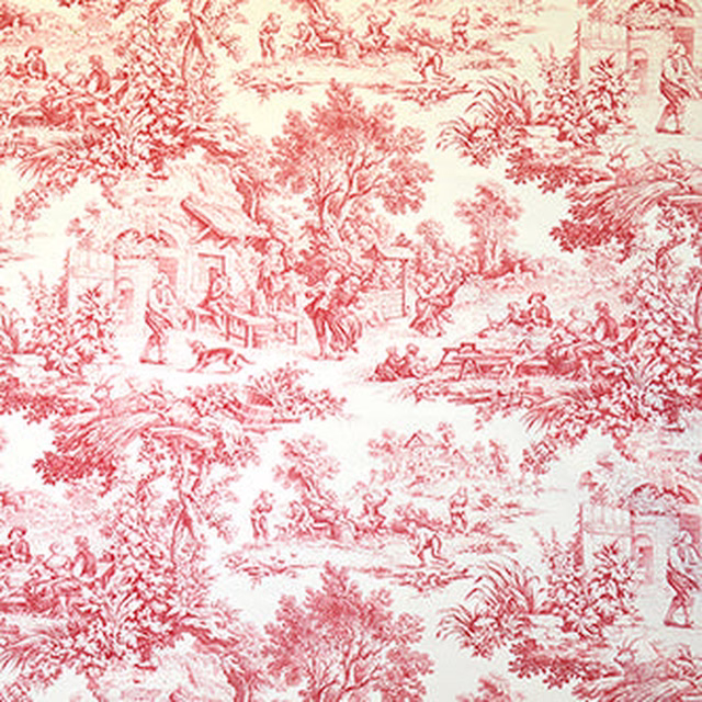 Ivory toile fabric with muted rose-red pastoral figures, trees and classical ruins