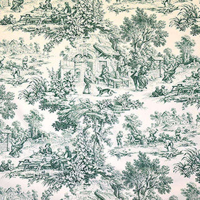 Sage-green pastoral toile scenes on pale cream, showing trees, figures and rustic structures