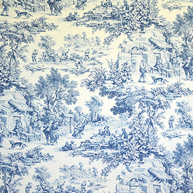 Ivory toile fabric with soft blue pastoral scenes, trees, figures and buildings