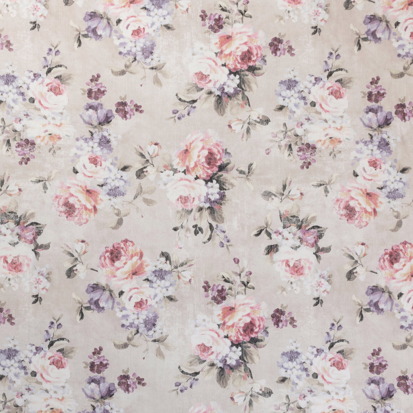 Mulberry floral fabric with blush roses, lilac blooms and berry flowers on a greige ground