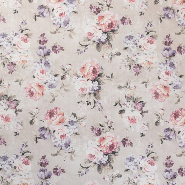 Mulberry floral fabric with blush roses, lilac blooms and berry flowers on a greige ground