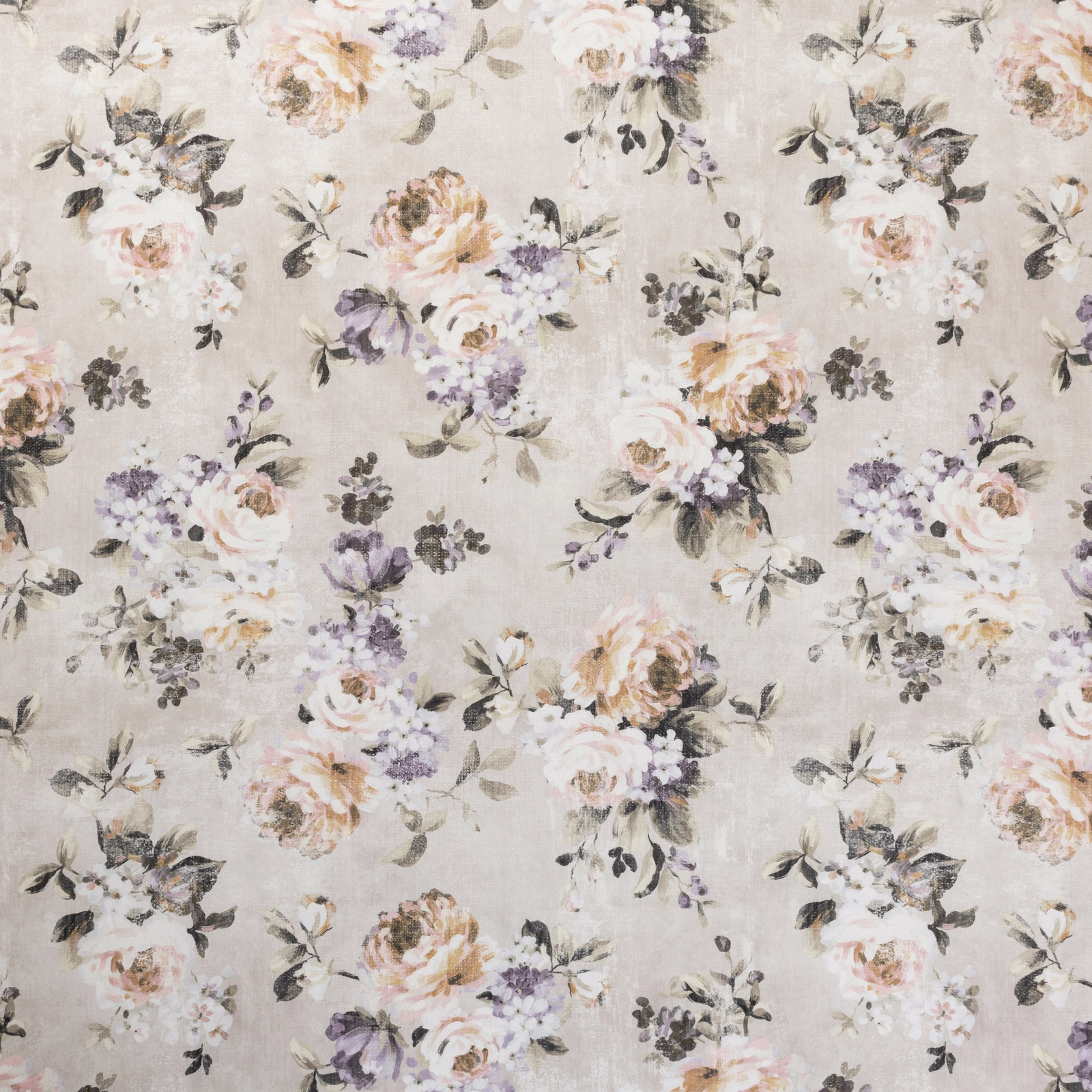 Pale pear floral fabric with blush roses, lavender blooms and sage foliage