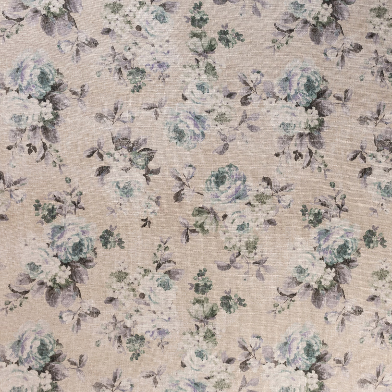 Warm beige floral fabric with muted blueberry, sage and grey painted bouquets