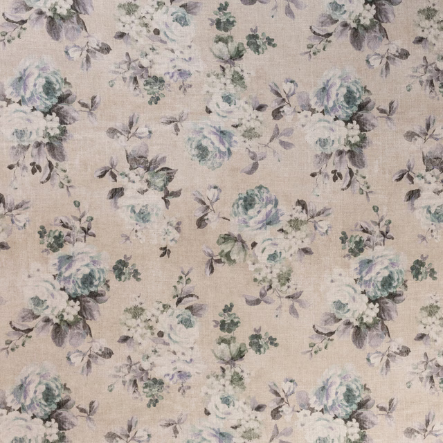 Warm beige floral fabric with muted blueberry, sage and grey painted bouquets