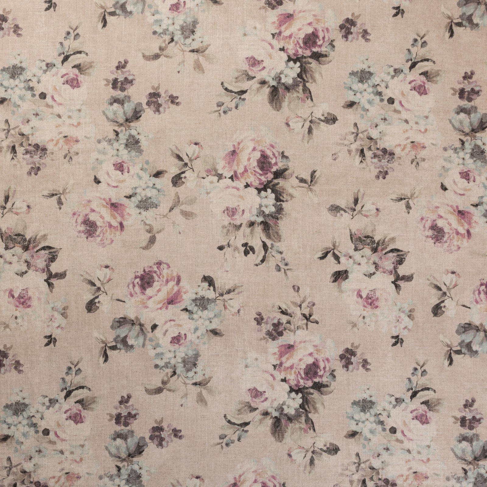 Warm beige linen-look ground with muted damson floral bouquets and blue-grey leaves